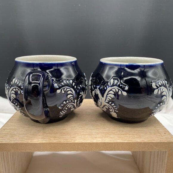 Set of 4 Wick-Werke Germany Cobalt Blue Mugs Cups Floral Leaves Pineapples - Picture 8 of 15